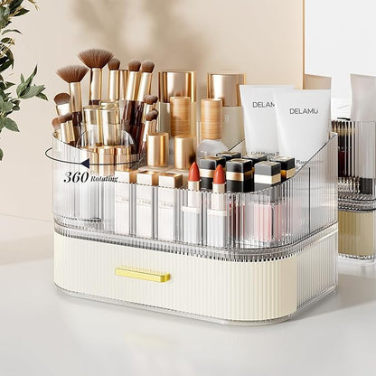 Delamu Makeup Organizer for Vanity with Stackable Drawers, 360 Rotating Makeup Brush Holder Large Cosmetic Display Case, Bathroom Skincare Storage, Elegant White, Ideal Christmas Gifts for Girls