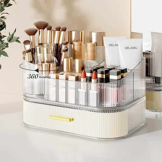 Delamu Makeup Organizer for Vanity with Stackable Drawers, 360 Rotating Makeup Brush Holder Large Cosmetic Display Case, Bathroom Skincare Storage, Elegant White, Ideal Christmas Gifts for Girls