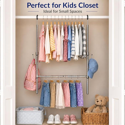 Adjustable Closet Rod Extender with Hooks, Expandable Double Hanging Organizer for Closets, Kids' Wardrobe & Laundry Room, No Tool Assembly, Metal Tension Pole, Chrome Finish