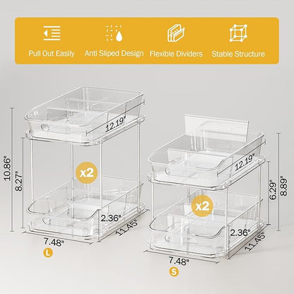Delamu 2-Tier Under Sink Organizers and Storage, Multi-Purpose Stackable Bathroom Cabinet organizers, Pull Out Kitchen Pantry Organization and Storage with Dividers(4 Pack, Clear)