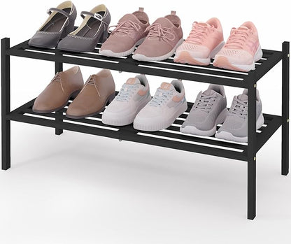 Smiry Bamboo Shoe Rack 2-Tier, Stackable Wooden Shoe Organizer for Entryway & Closet, Free Standing Wood Shoe Storage Shelf for Front Door & Small Spaces, Black