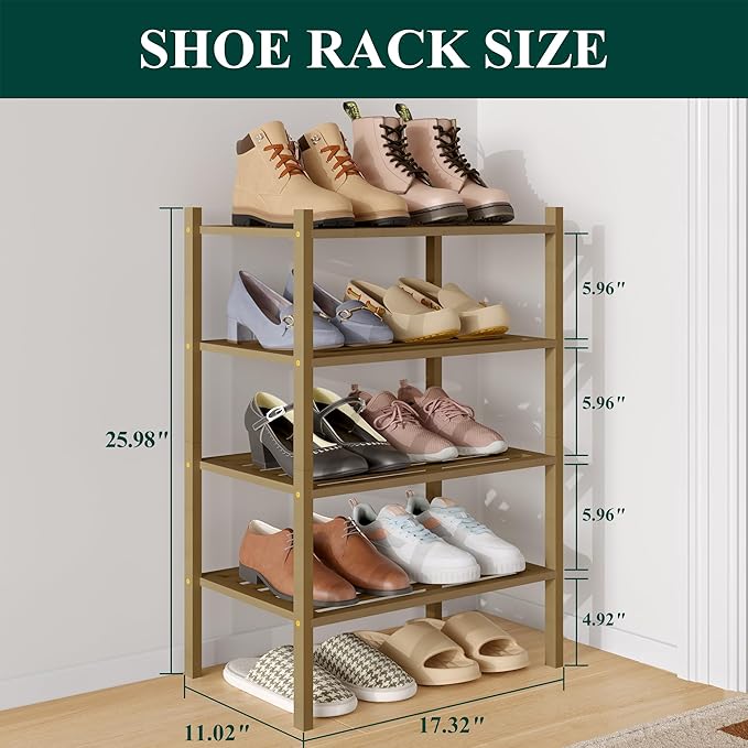 Smiry Small Bamboo Shoe Rack 4-Tier, Stackable Wooden Shoe Organizer for Entryway & Closet, Free Standing Wood Shoe Storage Shelf for Front Door & Small Spaces, Walnut