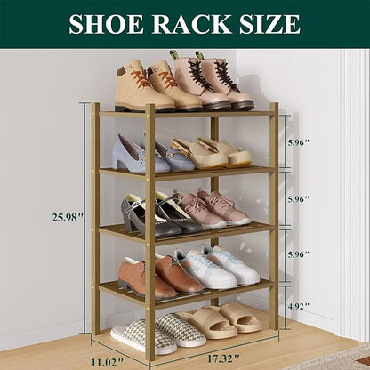 Smiry Small Bamboo Shoe Rack 4-Tier, Stackable Wooden Shoe Organizer for Entryway & Closet, Free Standing Wood Shoe Storage Shelf for Front Door & Small Spaces, Walnut