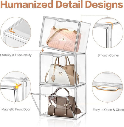 4 Packs Clear Handbag Storage Organizer for Closet, Acrylic Display Case for Purse Handbag, Stackable Purse Organizer Storage Box with Magnetic Door for Wallet Book Toys Collectibles