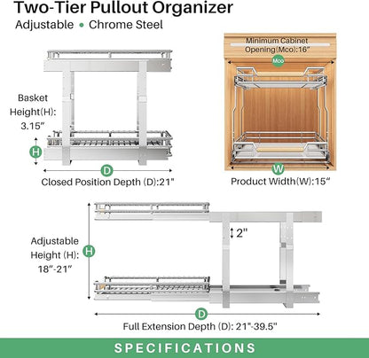Pull out Cabinet Organizer, 2 Tiers 15"W X 21"D, Heavy Duty Smooth Sliding Under Cabinet Shelves for Pots and Pans, Full-Extension Roll out Drawers, Slide out Organization for Home Kitchen Pantry