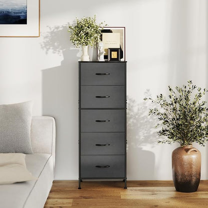 Sweetcrispy 5 Drawer Dresser with Fabric Bins Steel Frame Wood top Storage Chest for Bedroom Closet Hallway Gray Compact Organizer Durable Home Storage Solution