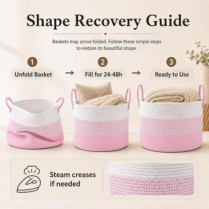 JMvicyroam 115L Extra Large Blanket Basket for Living Room - Woven Cotton Rope Laundry Hamper with Reinforced Handles - Storage Bin for Pillows, Comforters & Toys - Machine Washable,White&Pink Mix
