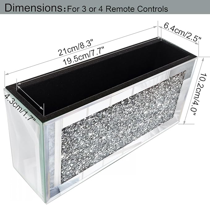 GOTHICO Mirrored Remote Holder, Wall Mounted Crush Diamond Bling Decoration Organizer Storage Box for Remote Phone Pad Wallet Notebook (8.3"×2.5"×4" For 3 or 4 Remote Controls)