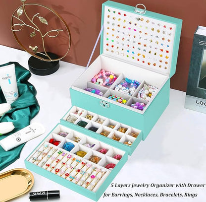 QBestry Earrings Jewelry Box for Girls, 5 Layers Jewelry Organizer with Earring Holder Organizer for Girls Earring Organizer Jewelry Boxes for Women Earrings and Necklaces Jewelry Box Organizer Teal