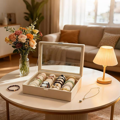 Bracelets Organizer Rods Bangles Display Holder, Clear See through Lid Leather Velvet Jewelry Storage Box Case for Women, 4 Rods Apricot Leather