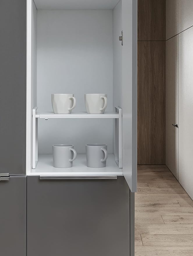 Nxconsu Cabinet Shelf Organizer Expandable, 10.3 Inch Deep Adjustable 13 to 24 Inch Metal Shelf Riser for Kitchen Pantry Cupboard Countertop Under Sink, Heavy Duty Stackable Storage Rack, White