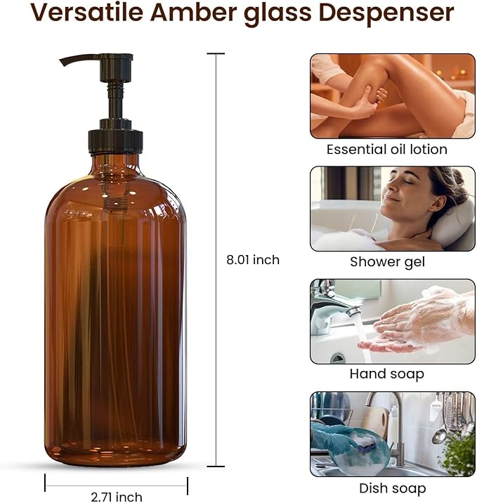 Sunrise Premium, 16 OZ Thick Amber Glass Soap Dispenser with Pump 2 Pack, Hand and Dish Soap Dispenser Set for Bathroom with 6 Waterproof Labels