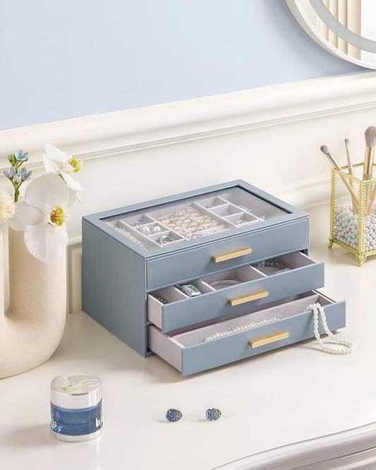 Lolalet Jewelry Box Organizer, 3-Layer Jewelry Organizers and Storage Case with Glass Lid, Ring Earring Bracelet Necklace Holder Organizer, Birthday Valentine Gifts for Women Girls -3Layer, HazeBlue