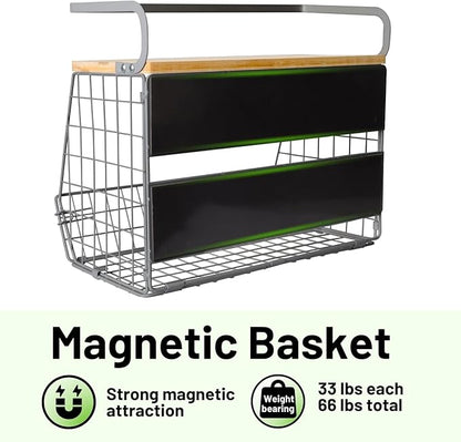 Ofiray-home Magnetic Fridge Shelf with Wood Lid, Fruit Potato Onion Storage Bins, Pantry Organizers, Large Container Spice Rack for Refrigerator, Kitchen Counter, Cabinet (2, Silver)
