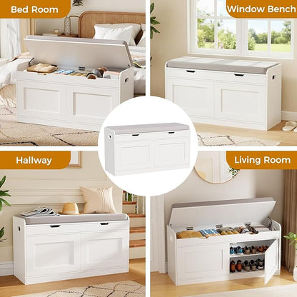 BEWISHOME Shoe Bench with Lift Top Storage, 2-Tier Storage Bench with Adjustable Shelf, Entryway Bench with Padded Seat Cushion, Wooden Shoe Organizer for Entryway Living Room Bedroom Hallway White