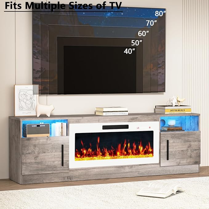 PRETZI Fireplace TV Stand with 36" Fireplace Up to 80" TVs, 70" Entertainment Center with LED Lights,Remote Control, TV Media Console with Storage Cabinets for Living Room,White+Grey