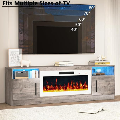 PRETZI Fireplace TV Stand with 36" Fireplace Up to 80" TVs, 70" Entertainment Center with LED Lights,Remote Control, TV Media Console with Storage Cabinets for Living Room,White+Grey