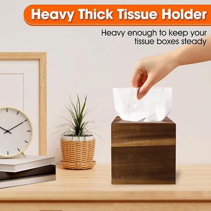 6 Pack Wooden Tissue Box Cover Bulk Square - Acacia Wood Tissue Box Holder for Tabletop Stands Bathroom Office- Decorative Facial Wood Tissue Box Cover for Modern Farmhouse Decor-Standard Walnut Color