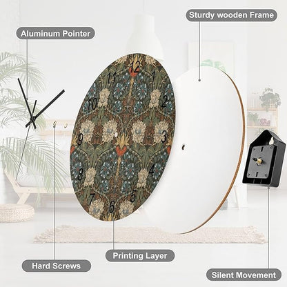 William Morris Wall Clock, Vintage Art Garden Plants Herbs Flower Wall Clocks Battery Operated Silent Non Ticking Round Wooden Clocks for Kitchen Bathroom Living Room 12 Inch