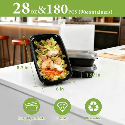 90 Pack 28 oz Disposable Containers with Lids, Meal Prep Containers，Sturdy Leakproof & Food Safe, Microwave, Freezer, Dishwasher Safe Food Storage Containers with Lids Easy Open