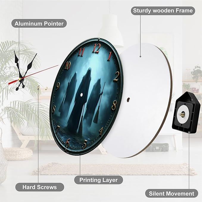Wall Clock, Spooky Theme Non Ticking Wall Clocks Battery Operated, Teal Wooden Wall Clocks for Living Room, Bedroom, Study Room Decorative 10 Inch