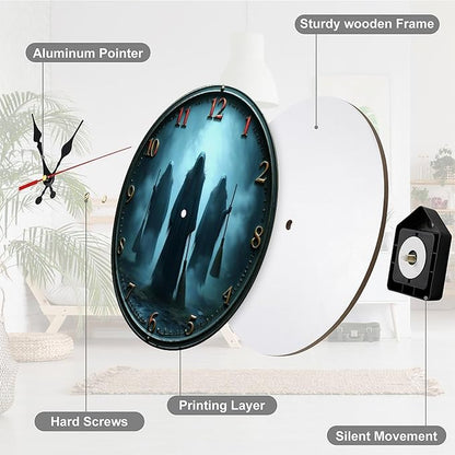 Wall Clock, Spooky Theme Non Ticking Wall Clocks Battery Operated, Teal Wooden Wall Clocks for Living Room, Bedroom, Study Room Decorative 10 Inch