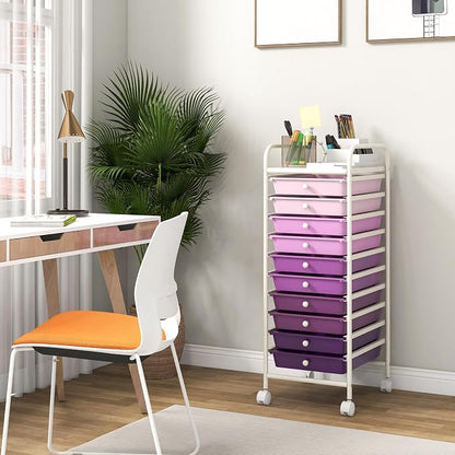 COSTWAY 10-Drawer Rolling Storage Cart, Utility Mobile Trolley with Removable Drawers & Universal Casters & 2 Brakes, Versatile Flexible Drawer Organizer Cart for Home, Office, Purple Gradient