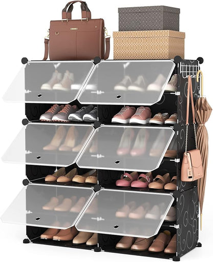 ROJASOP 6-Tier 24-Pair Expandable Shoe Rack Organizer with 2 Hooks, Black