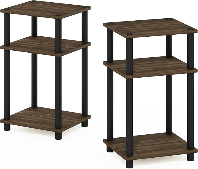 Furinno JUST Night Stand Set of 2, 3-Tier Turn-N-Tube Nightstand, Toolless Bedside Tables, End Table, Side Table with Open Storage for Bedroom, Closet, Dorm, Bathroom, Columbia Walnut