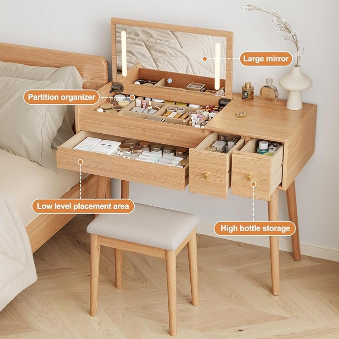 Solid Wood Vanity Desk With Flip Top Mirror And Lights, Mild Century Dressing Table Wooden 4 Drawers Storage, 40 Inch Large Make Up Vanity With 3 Lighting Modes Original, Wood Color (With Adapter)