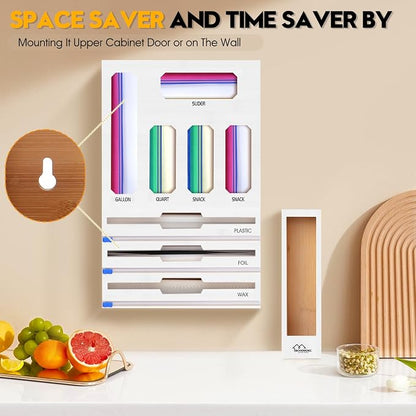9 in 1 Foil and Plastic Wrap Dispenser with Cutter, White Bamboo Ziplock Bag Organizer for Drawer - Holds Gallon, Quart Bags & Aluminum Foil/Wax Paper, Wall Mountable Kitchen Storage
