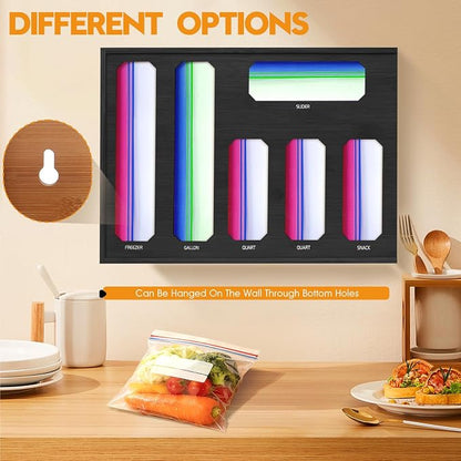 6 in 1 Bamboo Ziploc Bag Storage Organizer, Black Baggie Organizer for Drawer with Sliding Lid - Fits Gallon, Quart, Sandwich, Snack & Freezer Bags, Wall Mountable Kitchen Drawer Organization