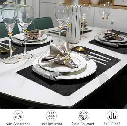 SolaraDawn Faux Leather Table Placemats Set of 6, Washable, Wipeable & Heat-Resistant Table Mats, Waterproof Dining Place Mats with Embossed Texture for Kitchen & Dining, Black, 17" × 12"