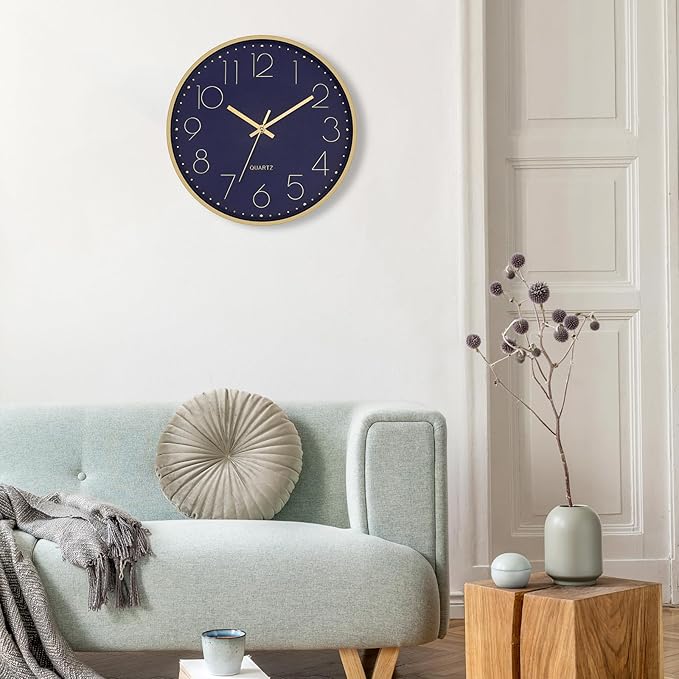 Foxtop Modern Wall Clock 12 Inch Silent Non-Ticking Battery Operated Round Quartz Gold Wall Clock for Living Room Bedroom Kitchen Office Classroom Decor (Dark Blue Dial)