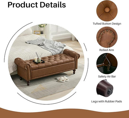 58.1" Storage Bench Upholstered PU Leather End of Bedroom Bed Bench Ottoman with Tufted Cushioned Rolled Arm Large Storage Space for Reading Living Room Entryway, Brown