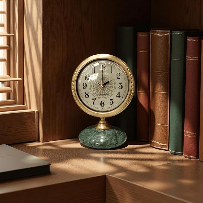 Vintage Mantel & Modern Brass Desk/Shelf Clock, Silent Non-Ticking Analog Roman Numerals, Marble Base, Home/Tabletop Decoration for Shelf, Table, Mantel, Bedside, Home Office, Living Room, Bedroom