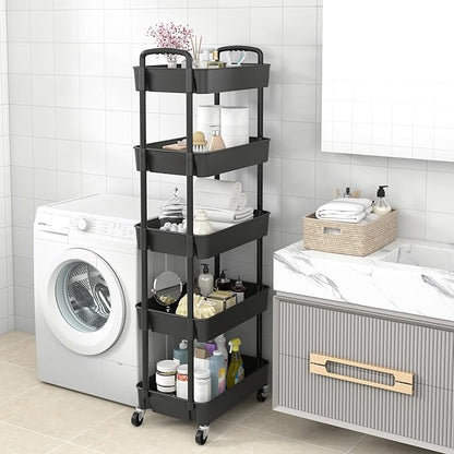 Sywhitta 5-Tier Plastic Rolling Utility Cart with Handle, Multi-Functional Storage Trolley for Office, Living Room, Kitchen, Movable Storage Organizer with Wheels, Black
