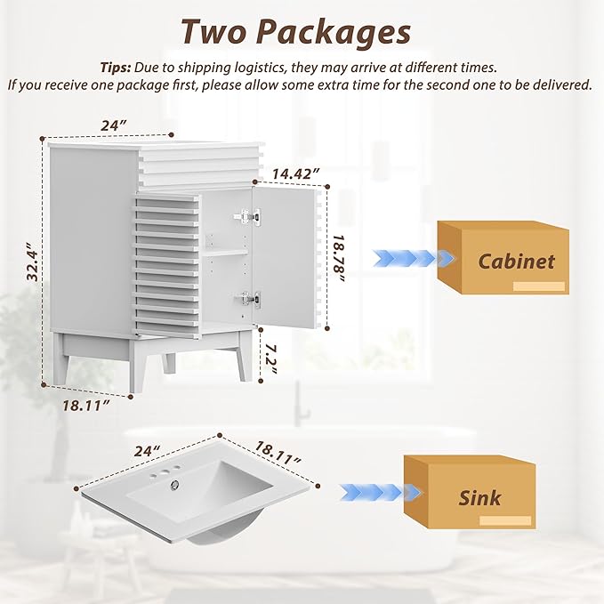 APRILSOUL 24" Bathroom Vanity with Ceramic Sink, Mid-Century Bathroom Vanity Cabinet with 2 Soft Closing Doors, Freestanding Bathroom Cabinet, Particleboard Frame with Wood Grain Laminate, White
