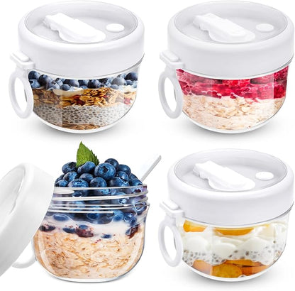 Gerrii 4 Pcs Overnight Oats Container with Lids and Spoons, 20 oz Plastic Overnight Oats Jars Large Capacity Airtight Yogurt Container for Milk, Fruit, Cereal and Salad Storage (White)
