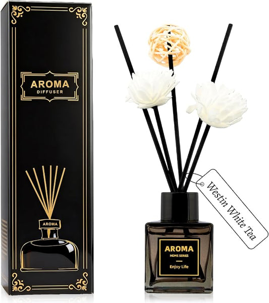 Black Glass Bottle Scent Diffuser, 1.7 oz Reed Diffuser with Sticks, Home Fragrance for Bookshelf, Bedroom Vanity, Office Desk & Bathroom Decor, Air Freshener for Aesthetic Room Decor (White Tea)