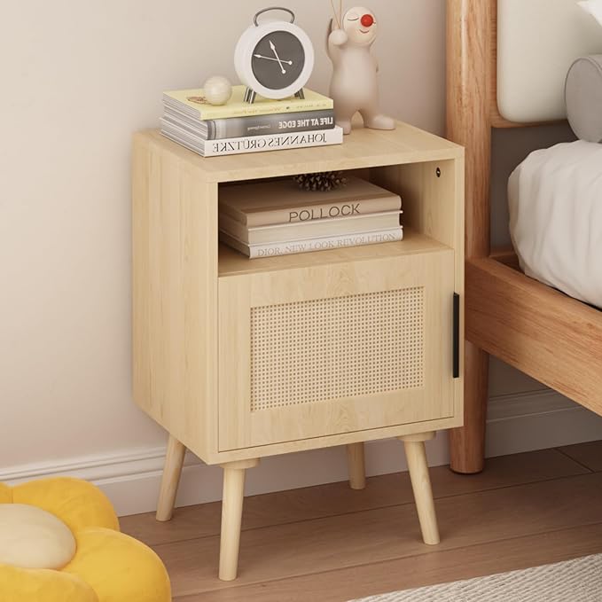 Rattan Nightstand with Storage, Side Table for Bedroom Living Room Dorm, Modern Bedside End Table with Open Shelf, Solid Wood Legs,Oak