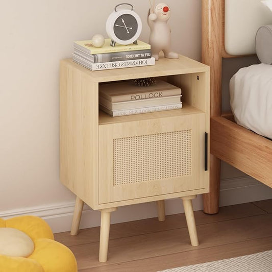 Rattan Nightstand with Storage, Side Table for Bedroom Living Room Dorm, Modern Bedside End Table with Open Shelf, Solid Wood Legs,Oak