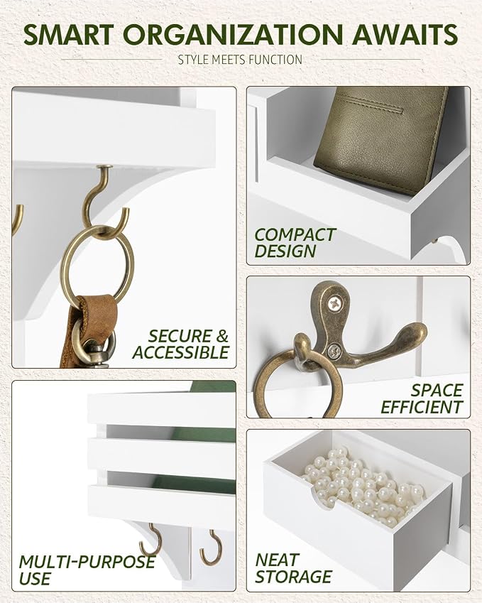 Rebee Vision Decorative Key Holder Wall Mount for Home Decor - Stylish Mail Organizer with 9 Key Hooks and Mini Drawer Organizer for Apartment Essentials - Room Decor Aesthetic (White)