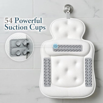 Bath Pillows for Tub, Comfortable Bathtub Cushion for Head and Neck with Soft 3D Mesh Fabric and 54 Non-Slip Suction Cups, Relaxing Tub and Shower Accessories Spa Gift White Extra Thick