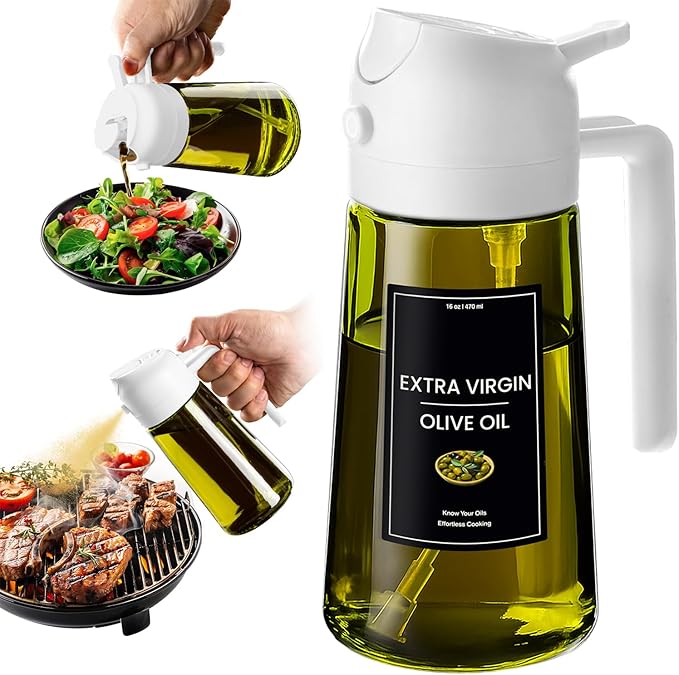 CXINYI - 16oz/470ml Olive Oil Dispenser for Kitchen with Stickers - 2 in 1 Olive Oil Sprayer for Cooking, Air Fryer, and Salad, White (Light-Proof Kitchen Gadget)