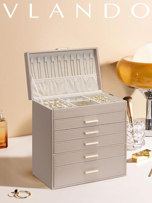 VLANDO 6 Layer Large Jewelry Box - Jewelry Holder Organizer, Jewelry Box Organizer for Drawer Necklace Ring Bracelet and Watch, Birthday Gift for Loved Ones - Toffee