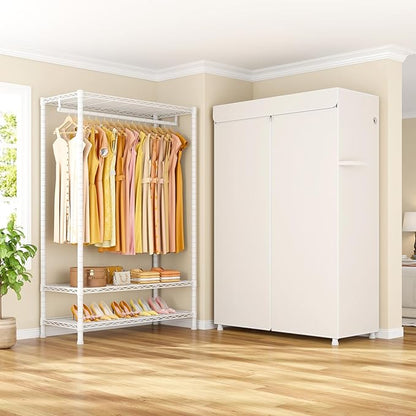 H5C Plus Clothes Rack with Cover, Portable Closet for Hanging Clothes, Covered Clothing Racks Heavy Duty, 3-Tiers Garment Rack with Shelves Max Load 370LBS White Closet Rack with White Cover