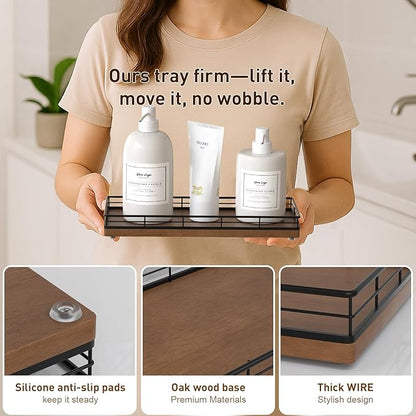 Bathroom Tray for Counter Top Organizer – Oak Wood Vanity Tray with Metal Frame for Dresser, Kitchen, Nightstand – Black & Brown Decorative Storage