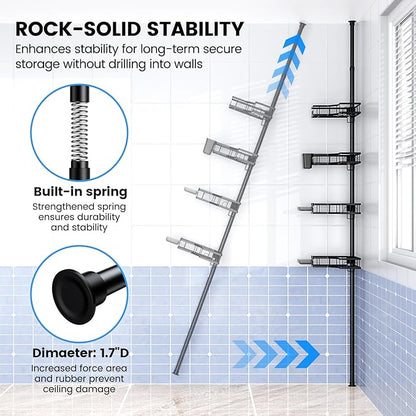 Corner Shower Caddy Tension Pole: 4-Tier Adjustable Rustproof Bathroom Organizer Shelves - No-Drill Bathtub Shampoo Rack Standing Shower Caddy for Renters, Apartment & Family Bathroom 31-124 inch