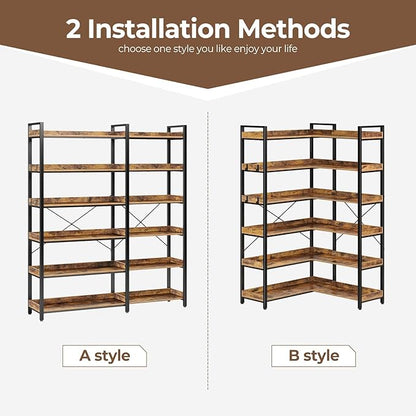 Rolanstar Bookshelf 6 Tier with 4 Hooks, Reversible Corner Bookshelf, 69" Industrial Wooden Bookcase with Open Shelves and Metal Frame for Living Room, Bedroom, Home Office, Rustic Brown